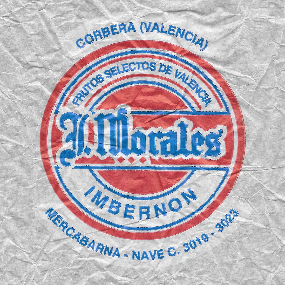 Scan of a crumpled plastic bag stamped «J. Morales, frutos selectos de Valencia»
