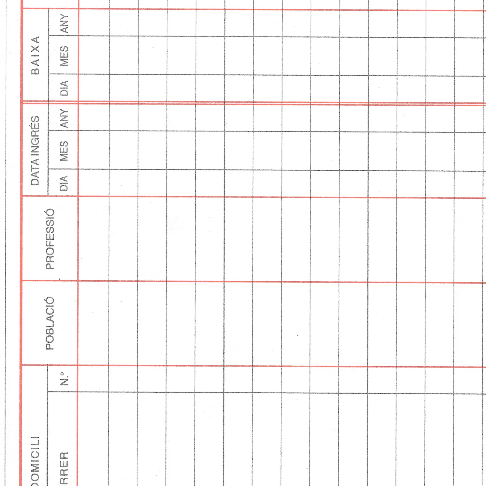 Scan of a ruled administrative record card, with boxes for admission details and address