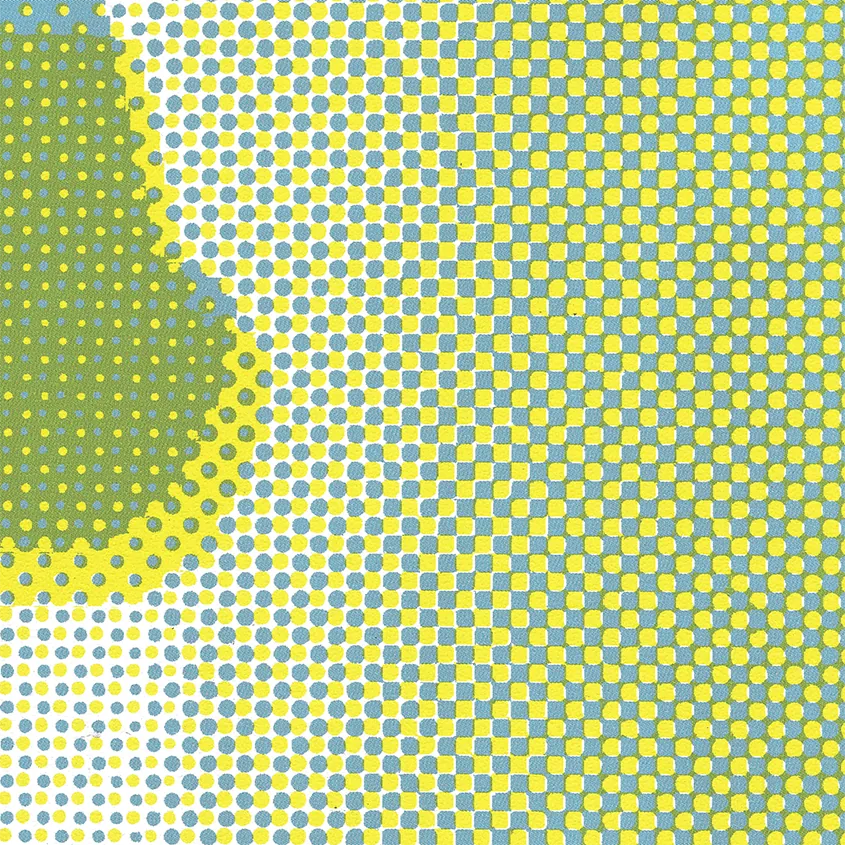 Scan of a halftone screen in yellow, blue and green dots
