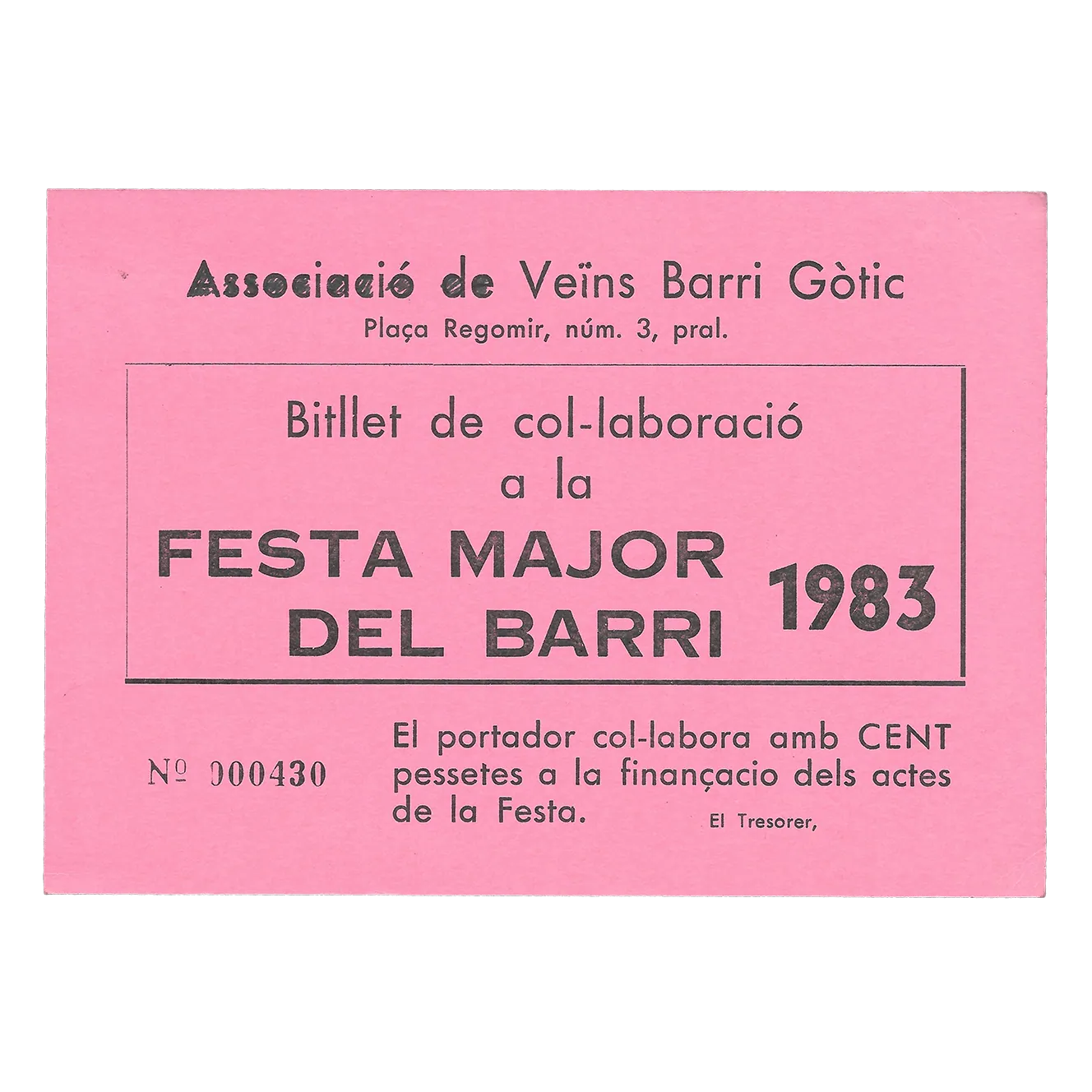 Scan of a collaboration ticket for the 1983 Festa Major of the Barri Gòtic in Barcelona