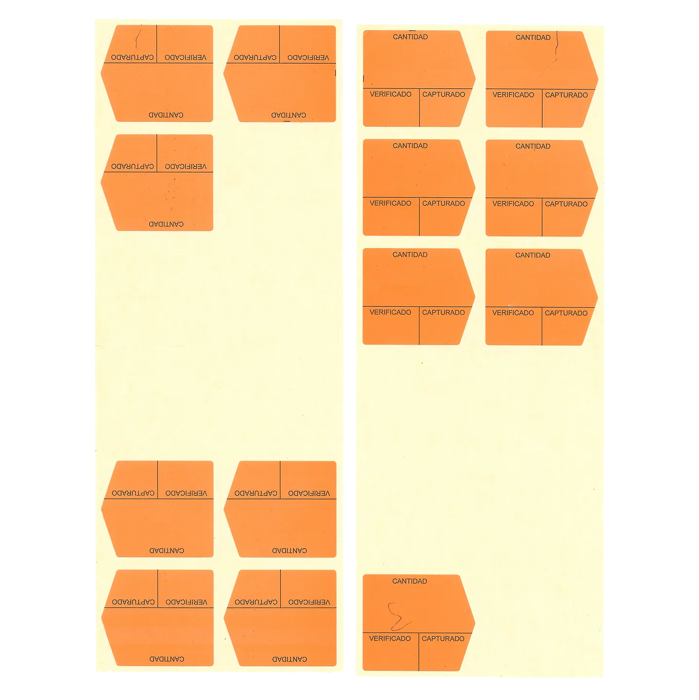 Scan of a printed sheet with orange cutouts laid out in a grid