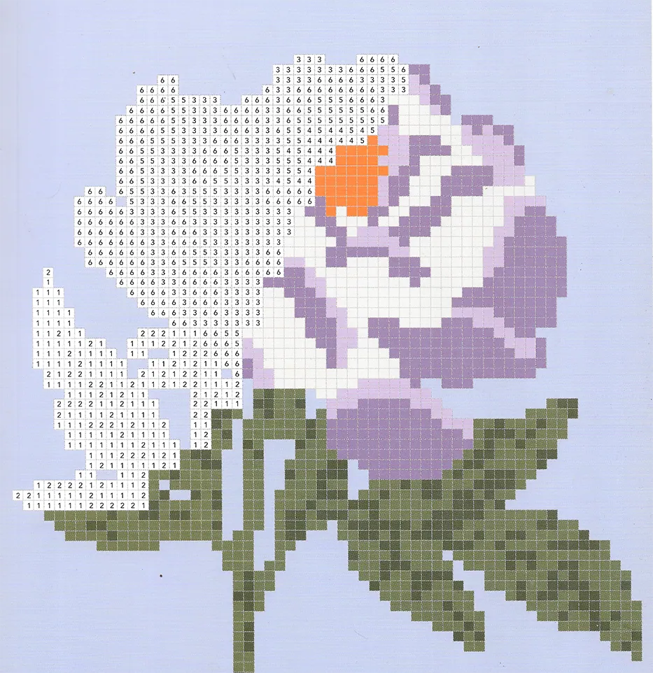 Scan of a cross-stitch pattern with a white and mauve rose