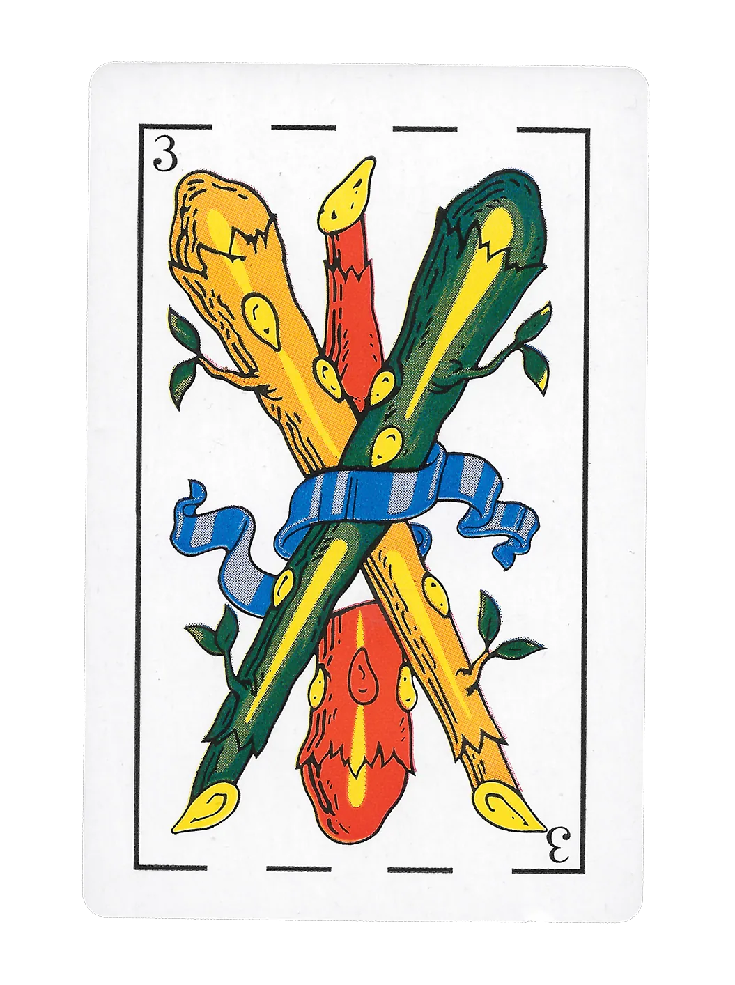 Scan of the three of clubs from a Spanish deck