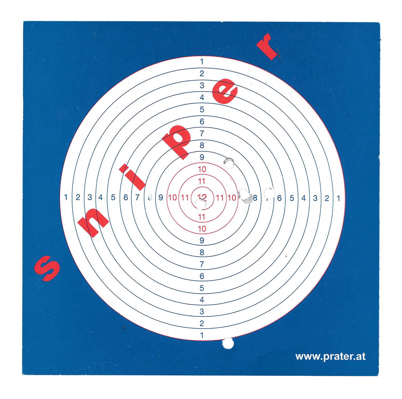 Scan of a blue shooting target printed with the word «sniper» and pierced by several shots
