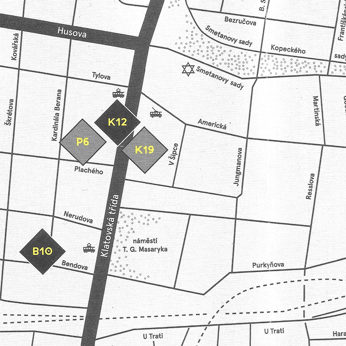 Scan of a street map with yellow markers labelled K12, K19, P6 and B10