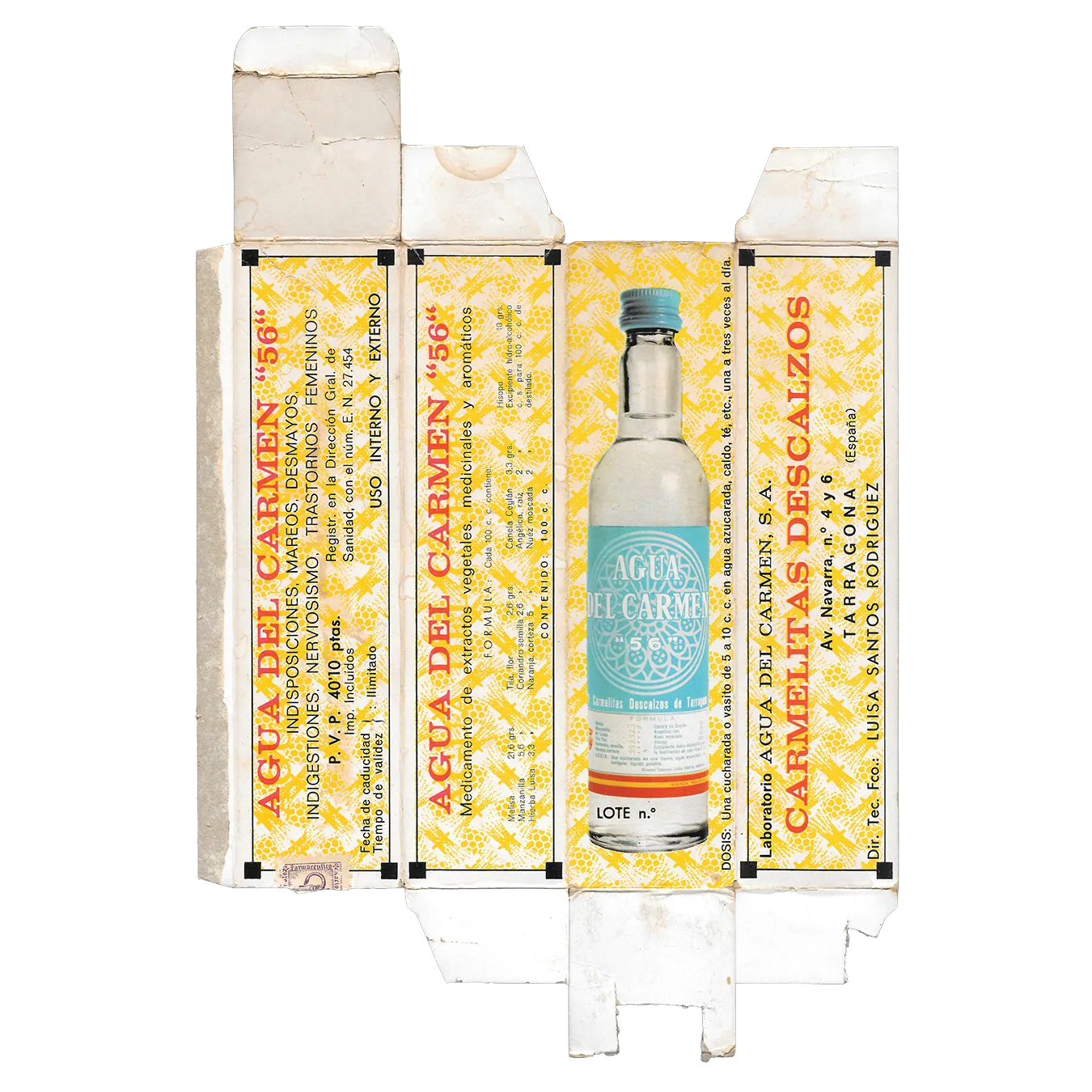 Scan of three Agua del Carmen cartons unfolded beside their bottle
