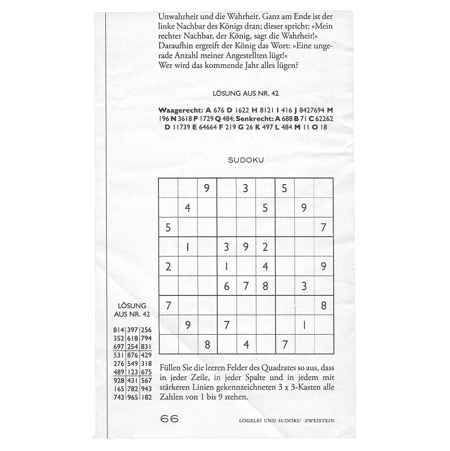 Scan of a German puzzle page with a sudoku and its solution