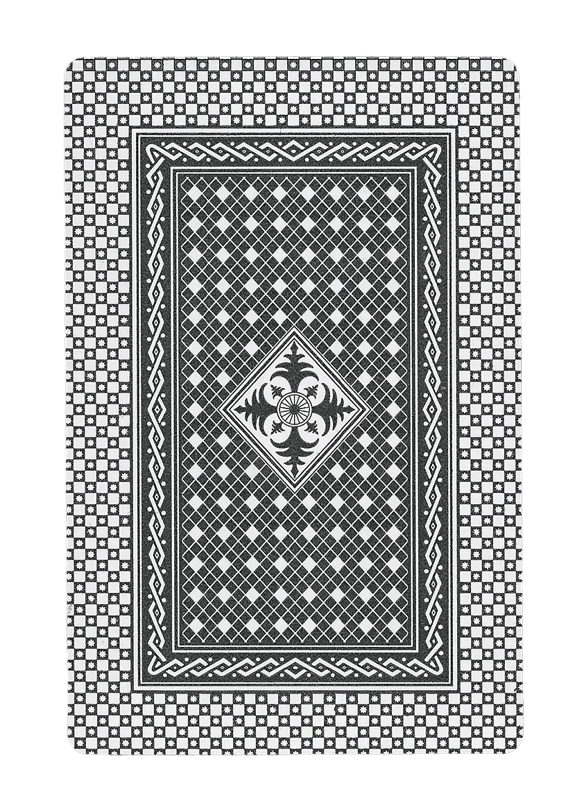 Scan of the back of a playing card, a grid of diamonds inside a geometric border in black