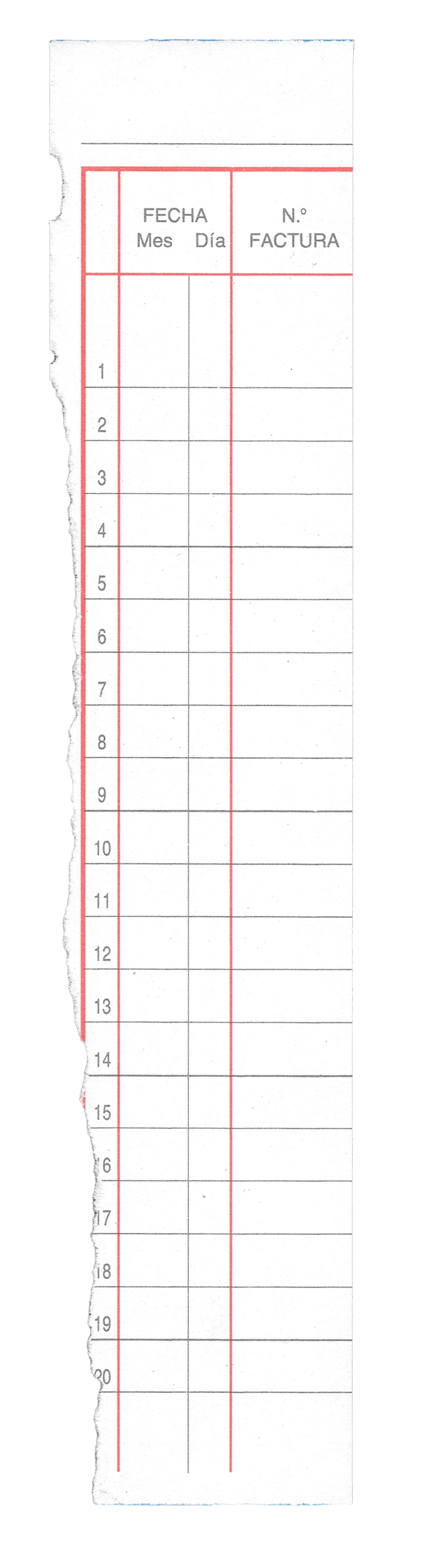 Scan of a column from an invoice book, the date and number boxes running from 1 to 20