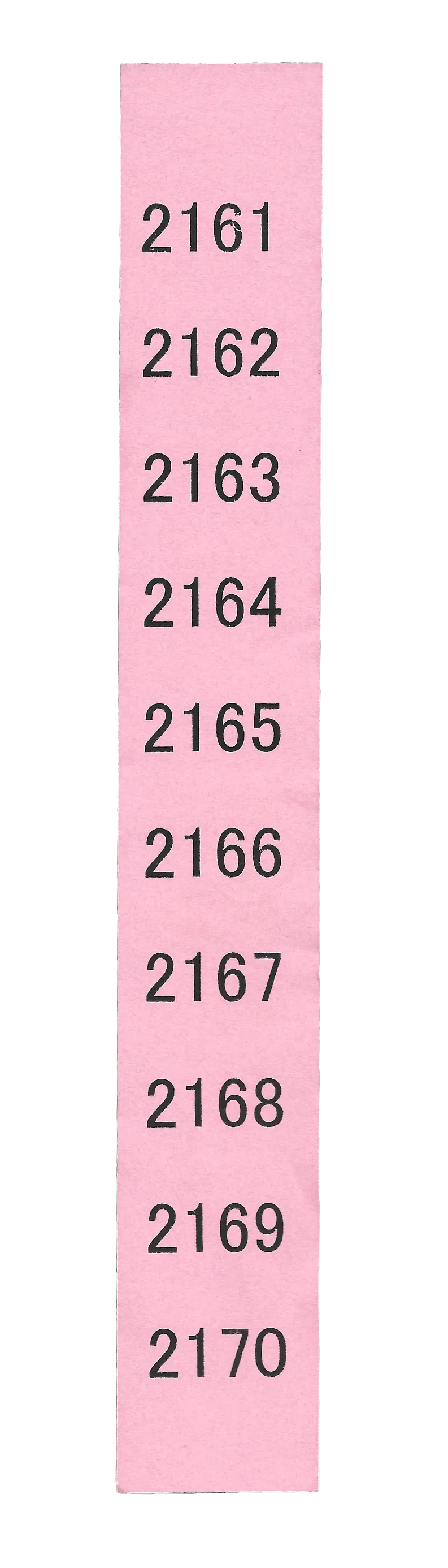 Scan of a strip of pink raffle tickets numbered in sequence from 2161 to 2170