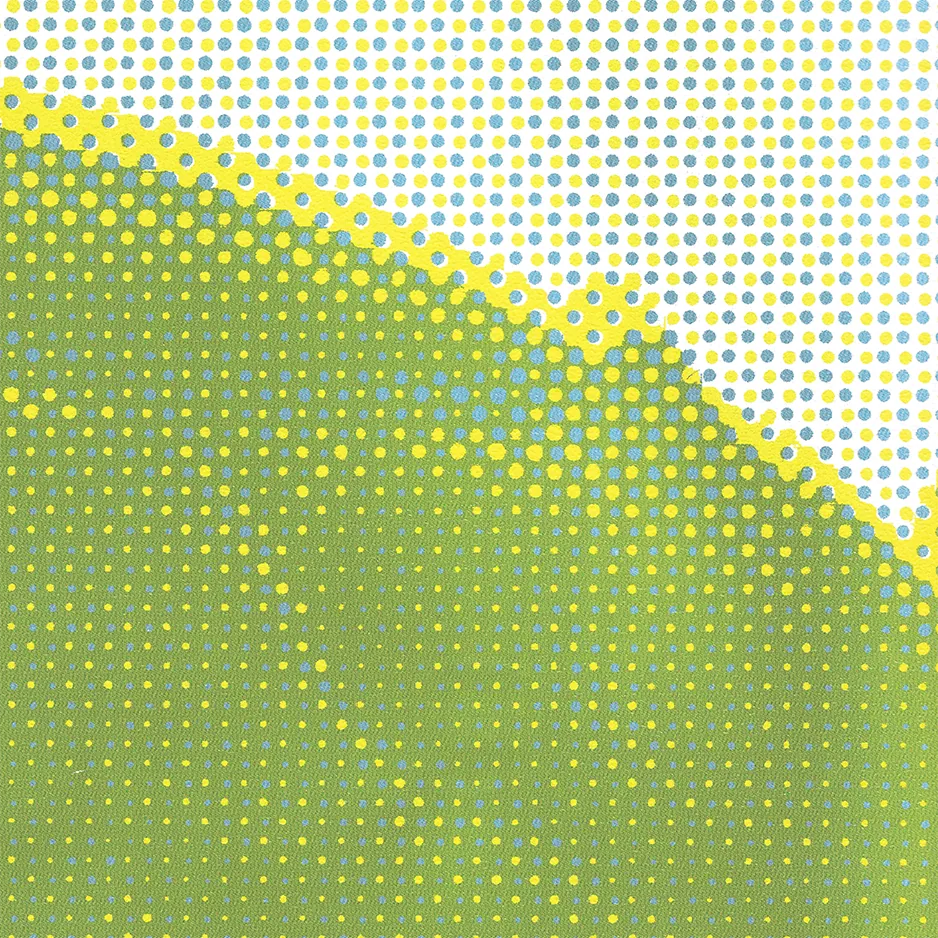 Scan of another fragment of the same halftone screen, a yellow diagonal crossing the green field