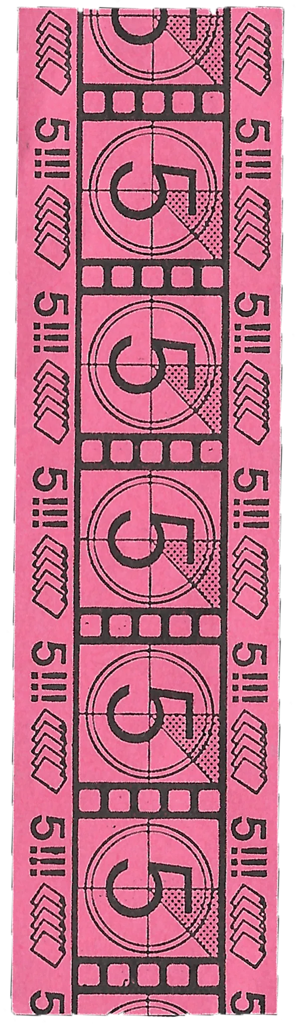 Scan of a pink paper strip with film-leader marks and countdowns built on the number five