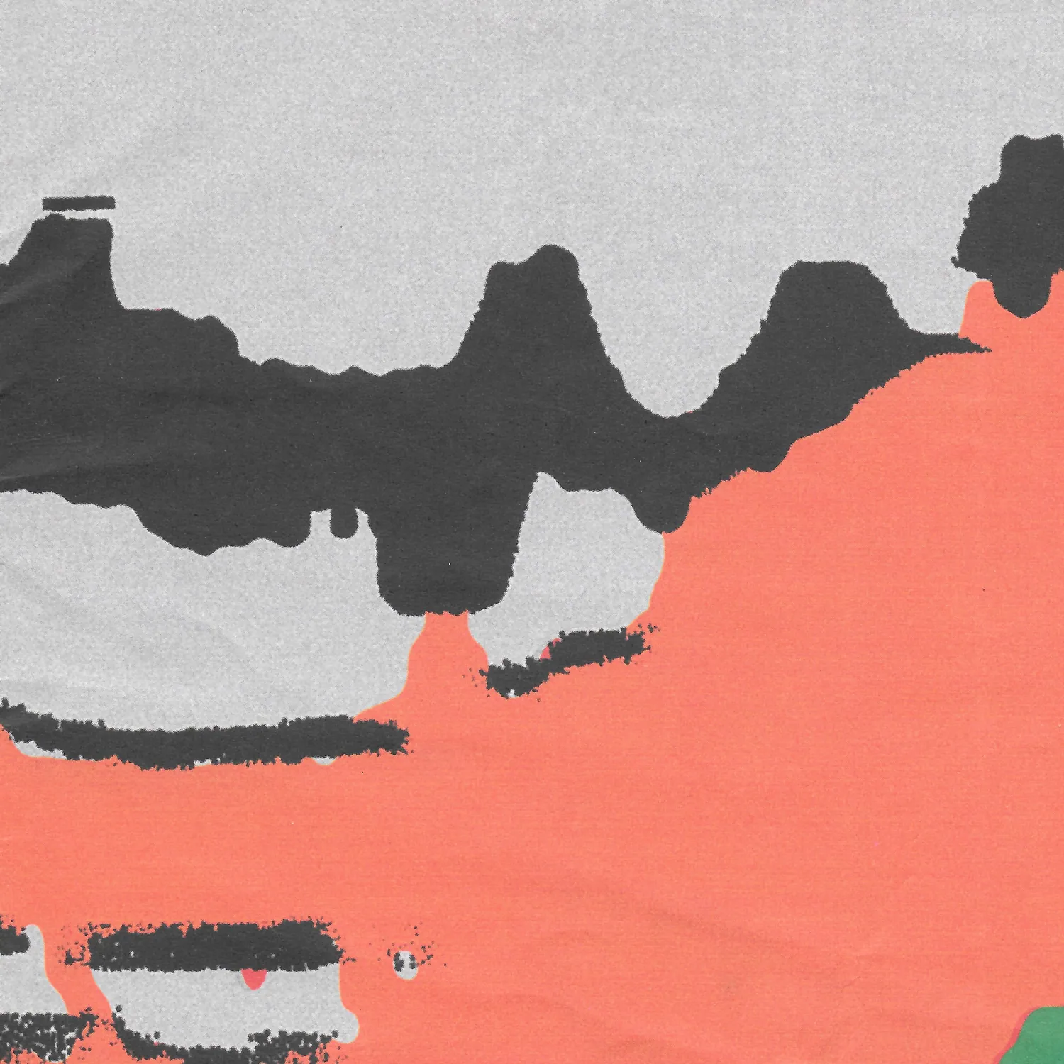 Macro scan of a print with irregular black marks on grey and a field of coral red