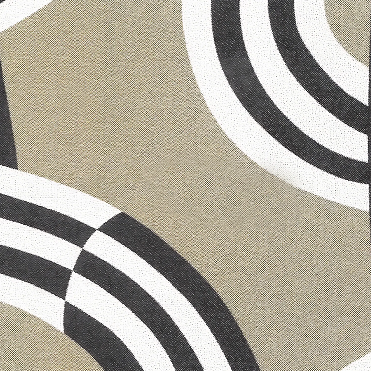 Macro scan of concentric arcs in black and white on a beige ground, with the weave of the paper visible