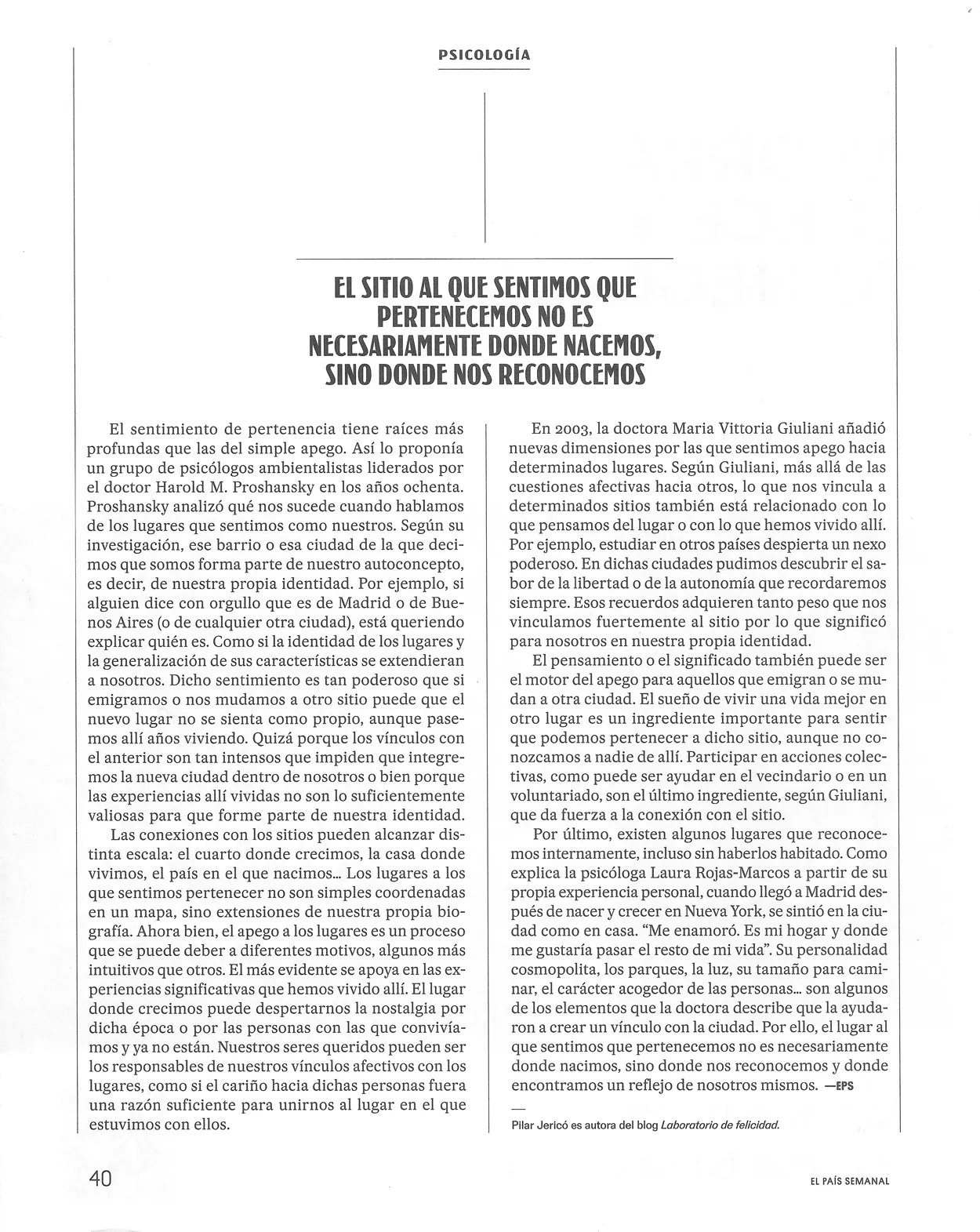 Scan of a magazine page from a Spanish weekly supplement: a psychology article set in two justified columns of small serif type under a bold display pull-quote, with the page number at the foot