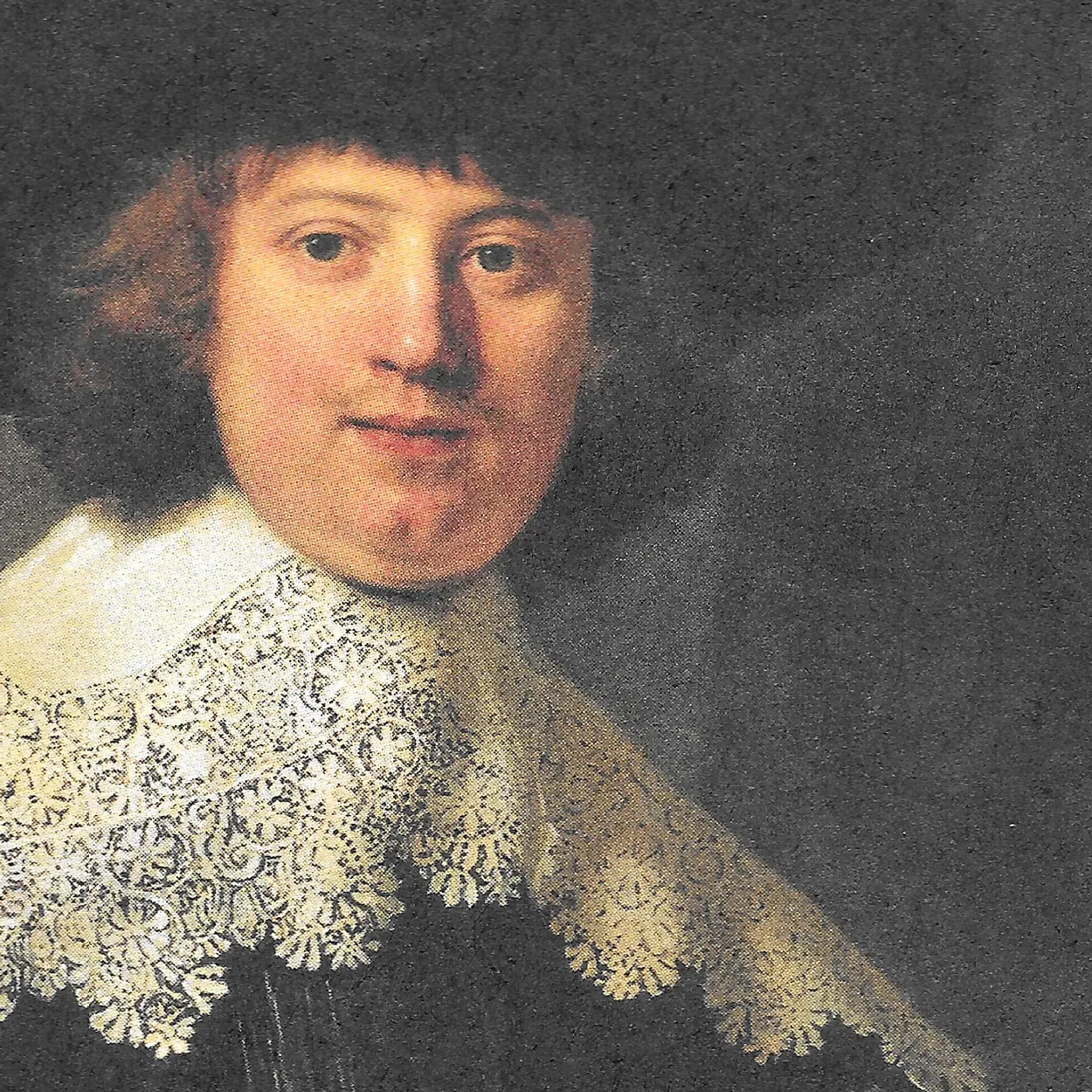 Scan of a printed reproduction of a seventeenth-century Dutch portrait: a young man in a dark hat against a dark ground, wearing a wide lace collar, with the printing screen showing as grain across the shadows