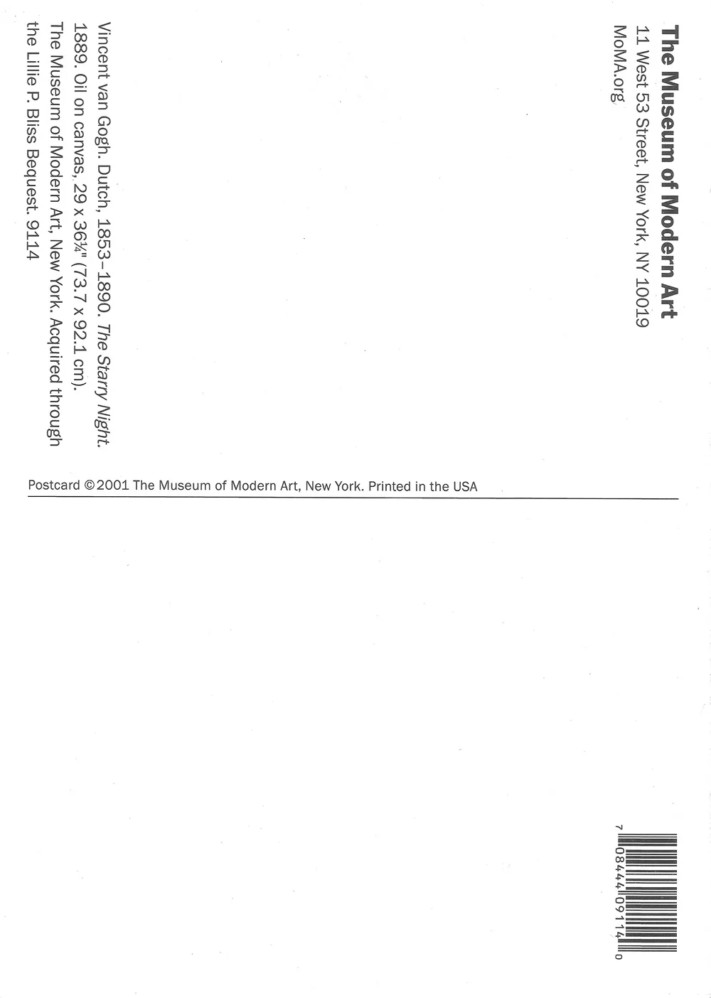 Scan of the back of a museum postcard: the address block and the credit line for Van Gogh's «The Starry Night» set sideways in small sans-serif type on white, with a barcode in the lower corner