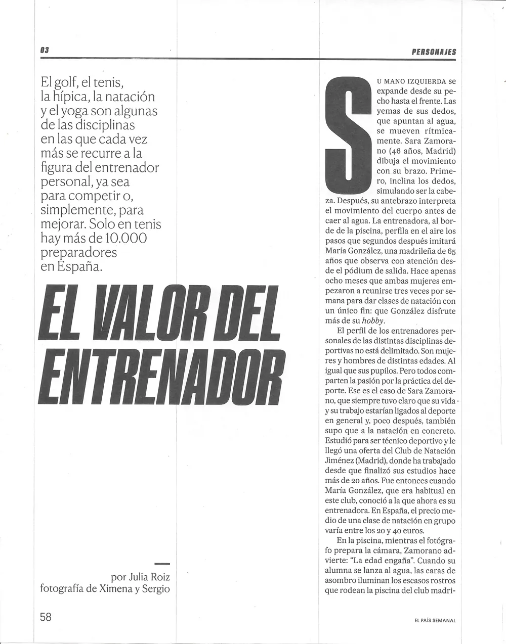Scan of a magazine page from a Spanish weekly supplement: an article on personal trainers, with a standfirst in light serif type, a heavy condensed headline in capitals and a drop cap opening the first column, the page number at the foot