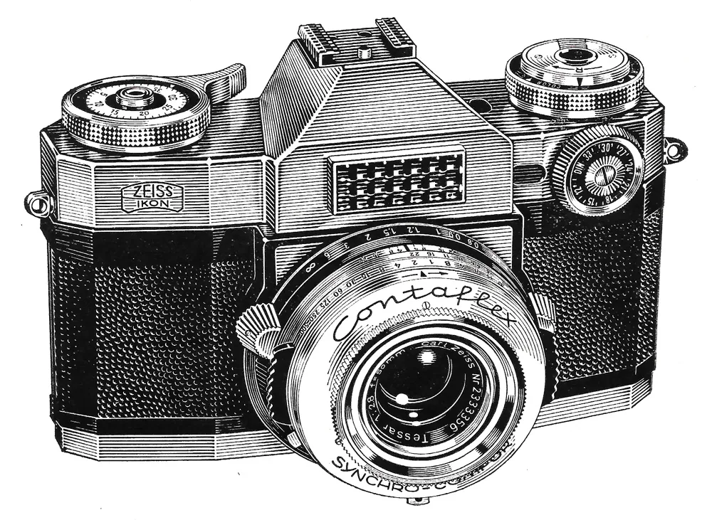 Scan of a catalogue engraving of a Zeiss Ikon Contaflex camera: body, dials and lens barrel built entirely from fine hatched lines, with the «Contaflex» script running around the lens mount