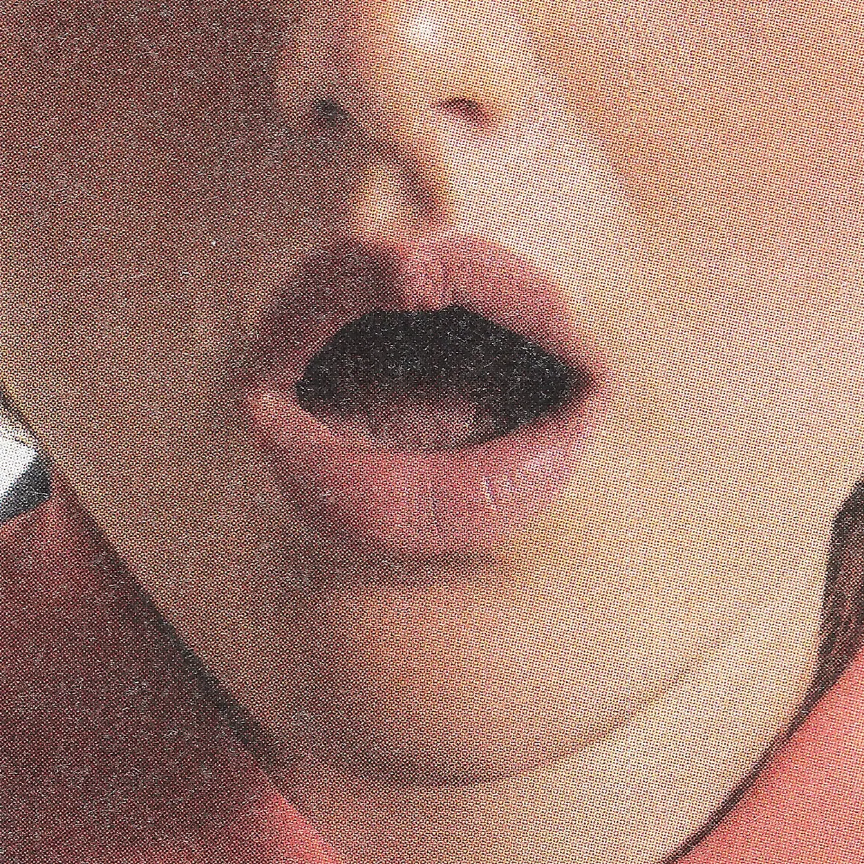Macro scan of a printed photograph: a child's chin and open mouth in pink and black, enlarged until the halftone dots break the skin into grain