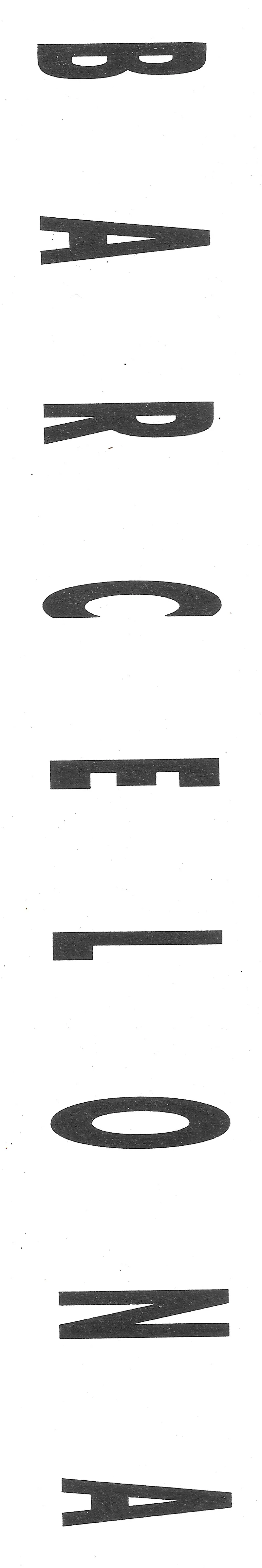 Scan of a long paper strip: the word «barcelona» cut from heavy black display type and read from top to bottom, one letter under the next on white