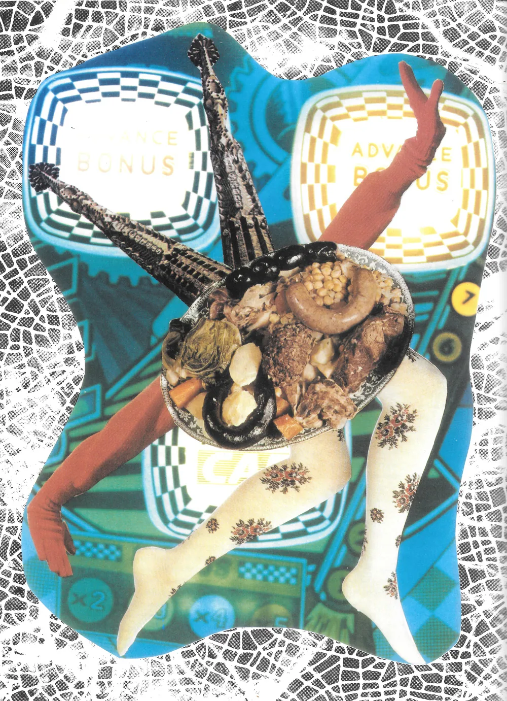Scan of a collage: magazine cutouts of a plate of stew, arms in red gloves and legs in patterned tights, arranged like a star over a blue pinball backglass reading «advance bonus», the whole thing mounted on a crackled white ground