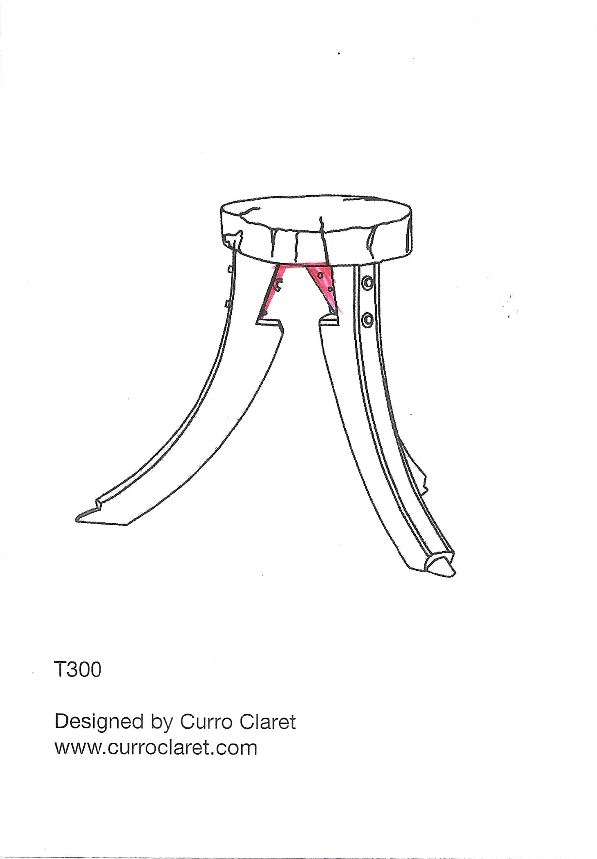Scan of a white card with a line drawing of a three-legged stool, touched with pink where the legs meet the seat, captioned «T300, designed by Curro Claret»