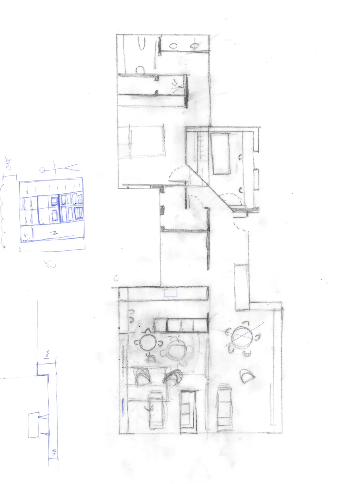 Scan of a pencil sketch of a flat's floor plan, with rooms, doors and furniture drawn in grey and a small elevation and measurements added in blue ballpoint