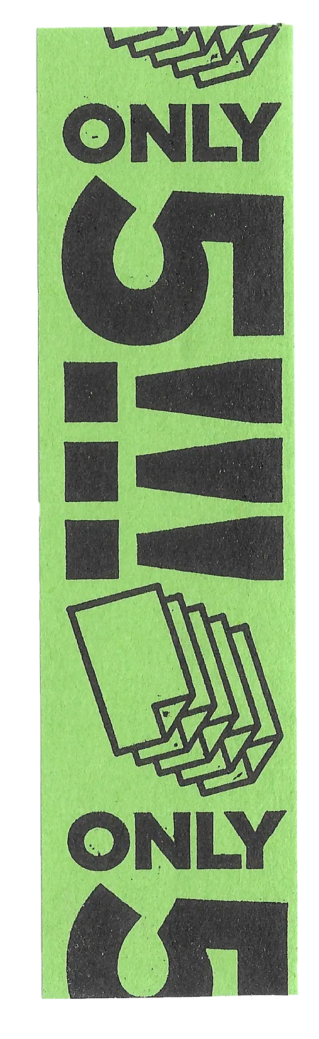 Scan of a green paper strip printed in black with the word «only», a five and a fan of cards