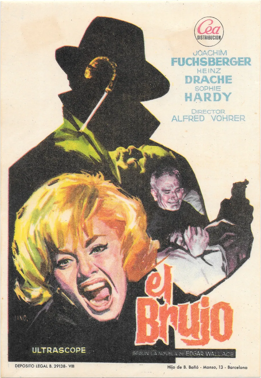 Scan of a Spanish film handbill for «El brujo»: a screaming blonde woman, a man in a black hat and coat and an old man in a struggle, with the cast in blue capitals and the title hand-lettered in red